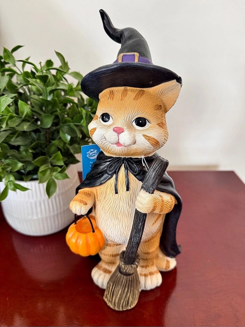Halloween Orange Cat Witch Figurine Pumpkin Broom Seasonal Decor NWT